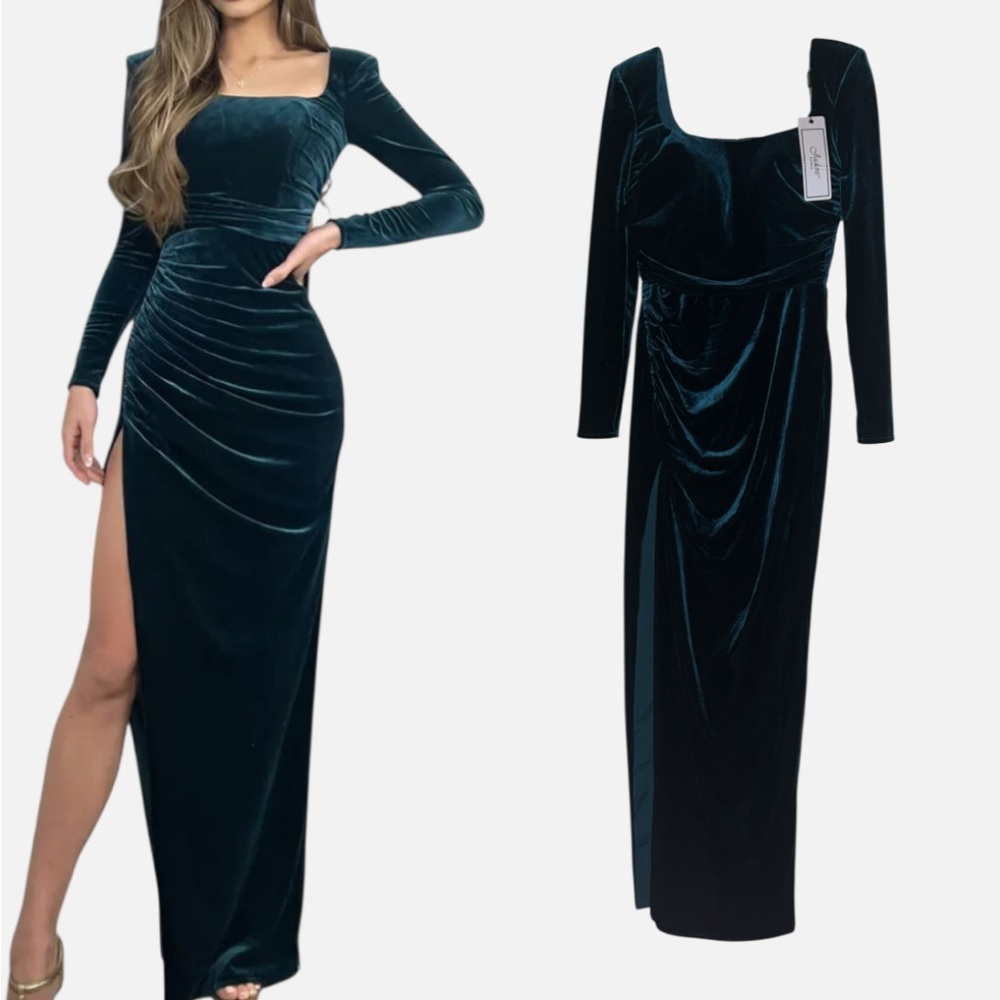 Green Ruched Long Sleeve Gown with Square Neck